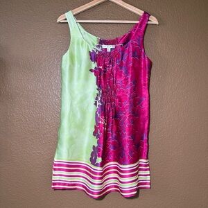 CAbi Silk Tunic Blouse Mini Dress Pink Green Floral Color Block Y2K Sz S